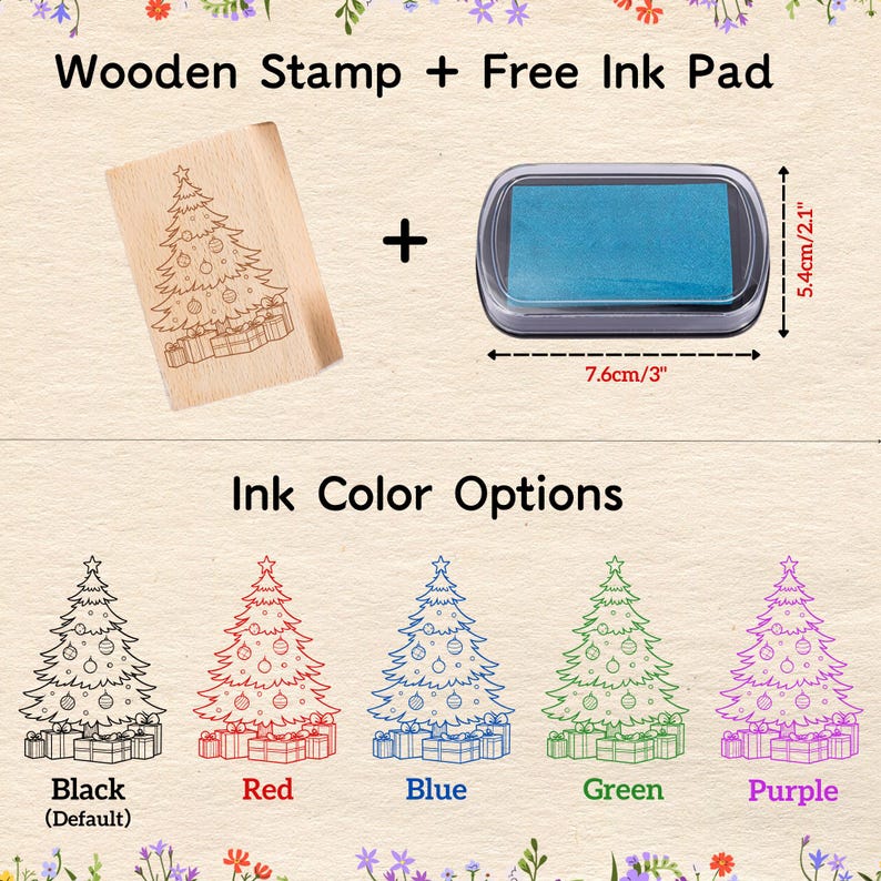 May include: A wooden stamp with a Christmas tree design and a free ink pad. The ink pad is 3 inches long and 2.1 inches wide. The image shows ink color options in black, red, blue, green, and purple.