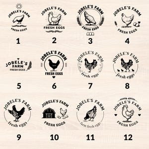 May include: A collection of twelve black and white circular logos for "Jobe's Farm" featuring illustrations of chickens, eggs, and farm elements. Each logo includes the text "Fresh Eggs" or "farm fresh eggs".