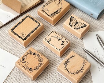 Vintage Wooden Rubber Stamps, Botanical Flowers, Floral Wreath, Butterfly Labels, Timber Stamps for Journaling, Scrapbooking, DIY Crafts