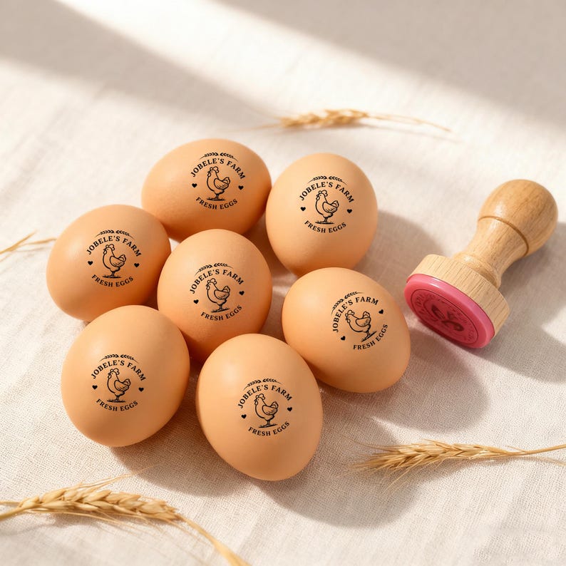 May include: A collection of brown eggs stamped with "JOBELE'S FARM FRESH EGGS" and a chicken graphic. A wooden stamp with a pink ink pad is next to the eggs. The eggs are arranged on a white surface.