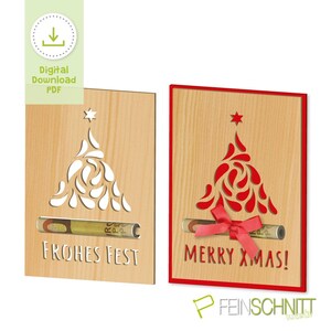 Modello per seghetto alternativo per biglietti di Natale in legno – regalo di denaro per albero di Natale – modello PDF per il taglio – Buone feste e Buon Natale