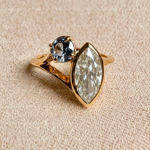 Anel Toi et Moi, moissanite com corte champanhe marquise, anel marquise e redondo, diamantes toi et moi moissanite, anel de duas pedras, presente para ela