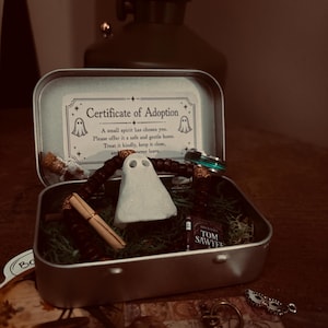 May include: A small, silver tin containing a miniature ghost figurine, a tiny book titled "Tom Sawyer", and other small items. The tin's lid features a "Certificate of Adoption" with ghost illustrations. A ring with a teal band sits inside the tin.