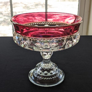 Vintage Indiana Glass Kings Crown Thumbprint Compote Candy Dish 6 7/8&quot; H Cranberry
