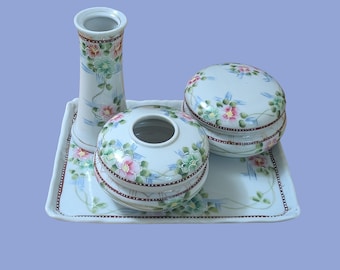 Hand Painted Bibi Made in Japan 4 Piece Floral Porcelain Vanity Set