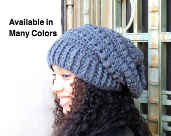 Crochet Slouchy Hat, Tam, Hippie, Women, Men, Teen, Tam, Color Charcoal,