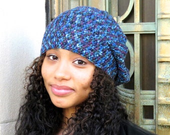 Crochet Slouchy Hat, Women, Men, Teen, Blue, Multicolor, Tam, Merino Yarn,