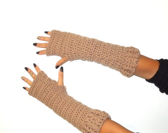Crochet Fingerless Gloves, Taupe, Mittens, Long Fingerless Gloves,