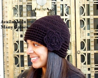 Crochet Hat, Beanie, Cloche, Flower, Adult, Women, Teen, Black, Ready To Ship,,