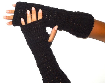 Crochet Fingerless Gloves, Black, Mittens, Long Fingerless Gloves