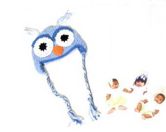 Baby Owl Hat, Crochet, Ear Flap, Boy, Newborn, Children, Blue,,