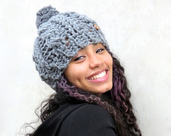 Crochet Pom Pom Hat, Crochet  Cable Stitch Hat, Beanie Hat, Pom Pom Hat, Chunky Beanie Hat, Women, Teen, Hippie, Urban