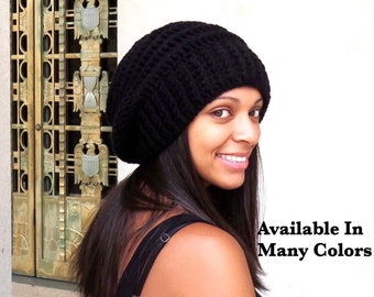 Crochet Slouchy Hat, Women, Men, Teen, Beehive Hat, Tam,  Adult, Black, Ribbed,