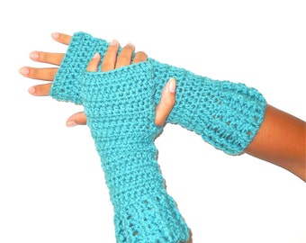 Crochet Fingerless Gloves,Turquoise, Mittens, Long Fingerless Gloves,