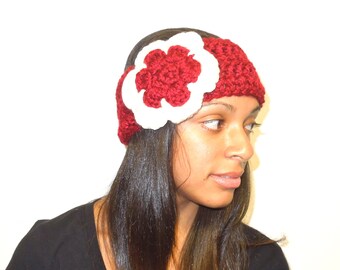 Custom Made handmade Crochet Ear Warmer Headband Set 2 OS Red Cream Flower boho 1736181848400.JPG main image 4