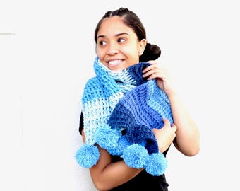 Crochet Scarf, Pom Pom Scarf, Long Scarf, Crochet Ribbed Scarf, Women, Adult , Teen, Neck warmer,,