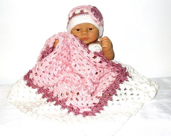 Baby Blanket Crochet, Blanket and Hat Set, Baby Blanket for Girl, Newborn, Pink, White,