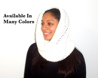 Crochet Neckwarmer, Cowl, Hooded Scarf, White,  Women, Teen, Men, Oversized, Hooded,