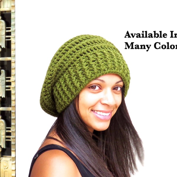 Crochet Slouchy Hat, Tam Hat, Ribbed Hat, Beehive Hat, Crochet Hat, Color is Olive,