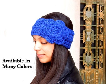Crochet Headband, Flower Headband, Ear Warmer With Flower, Adult, Royal Blue, Women, Teen,