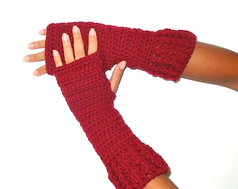 Crochet Fingerless Gloves, Claret, Red, Mittens, Long Fingerless Gloves,