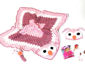 Crochet Baby Blanket, Baby Girl Blanket Set, Crochet Hat Set, Newborn, Baby Owl, Pink, White, Girl Baby Shower Gift