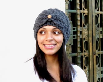 Crochet Beanie Hat, Crochet Skullcap, Gray Hat, Spiral Hat, Color is Charcoal,