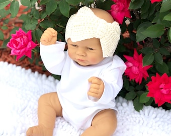 Crochet Baby Bow Headband, Baby Bow Headband, Beige, Baby Headband