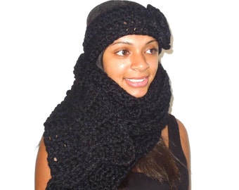 Crochet Scarf, Flower Headband, Headband, Women, Adult , Teen,Chunky, Neck warmer,Black,