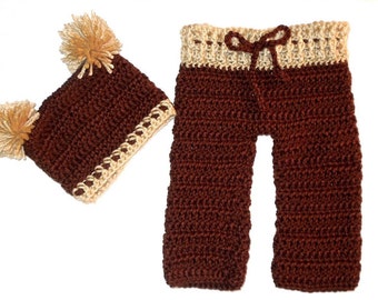 Crochet Baby Set, Baby Pants and Hat Set, Brown and Beige Set, Baby Shower Gift