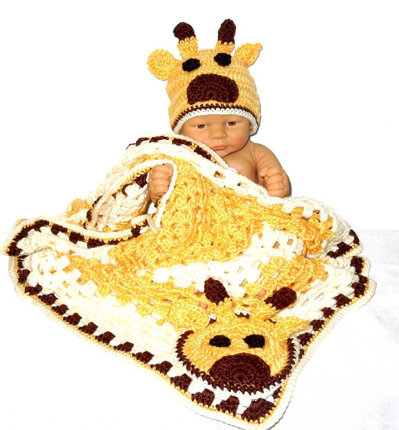Crochet Baby Blanket, Hat Set, Newborn, Giraffe, Yellow, off White