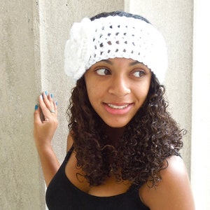 Crochet Headband, Flower Headband, Ear Warmer With Flower, Crochet, White, Women, Teen, image 4