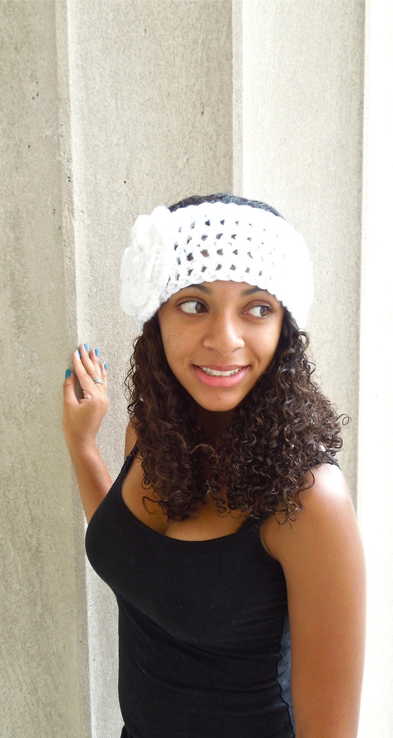 Crochet Headband, Flower Headband, Ear Warmer With Flower, Crochet, White, Women, Teen, image 4