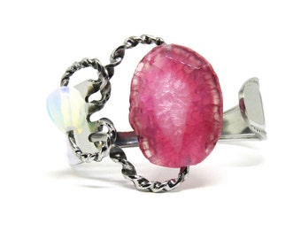 Fork Bracelet With Stone, Pink Stone Cuff, Women, Men, Mirror Finished, BLB 30,