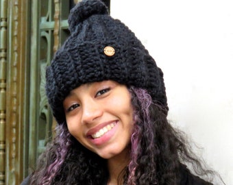 Crochet Pom Pom Hat, Crochet Black Beanie Hat, Pom Pom Hat, Chunky Beanie Hat, Women, Teen, Hippie, Urban