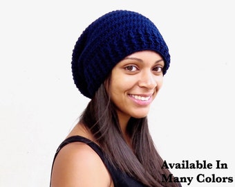 Crochet Slouchy Hat, Women, Men, Teen, Navy Blue, Tam,,