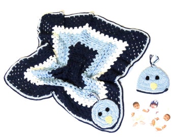 Crochet Baby Boy Blanket, Hat Set, Newborn, Baby Boy, Blue, Baby Shower Gift,