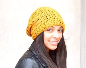 Crochet Slouchy Hat, Tam Hat, Mustard, Beehive Hat, Adult, Crochet, Women, Teen,