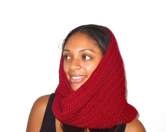 Crochet Scarf, Infinity Scarf, Circle Scarf, Women,  Neck warmer, Claret, Hooded Scarf,