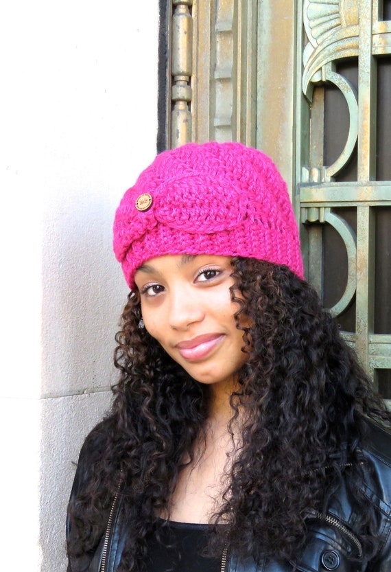 Crochet Beanie Hat, Crochet Hot Pink Hat, Crochet Spiral Hat  display picture 2