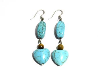 Turquoise and Tiger Eye Stone Earrings, Women, Teen, Heart Shape, Ready To Ship,