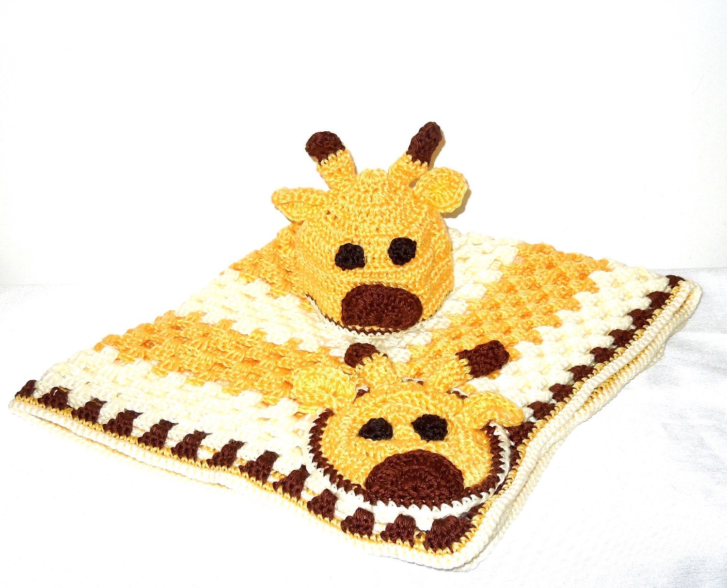 Crochet Baby Blanket, Hat Set, Newborn, Giraffe, Yellow, off White