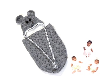 Crochet Baby Cocoon, Hat Set, Newborn, Elephant, Gray, White, Earflap Hat, Baby Shower,