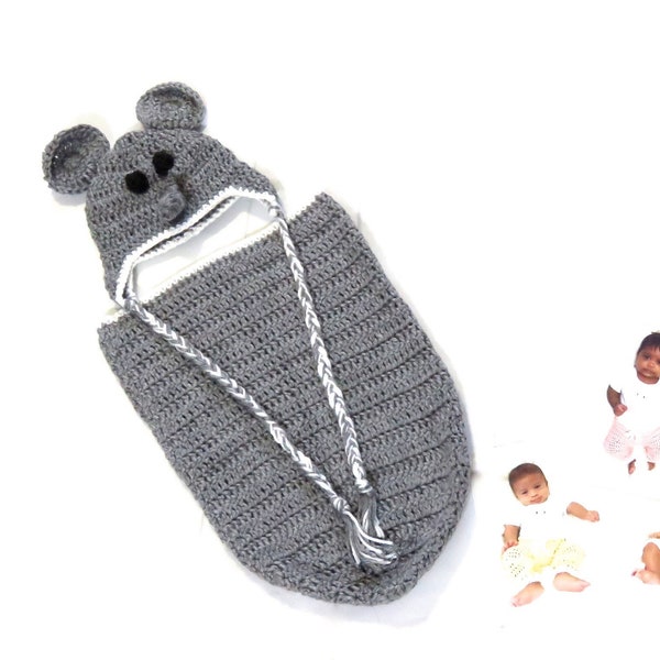 Crochet Baby Cocoon, Hat Set, Newborn, Elephant, Gray, White, Earflap Hat, Baby Shower,