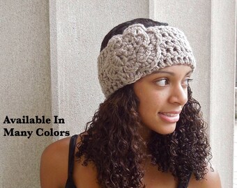 Crochet Headband, Flower Headband, Ear Warmer With Flower, Adult, Crochet, Taupe, Women,Teen, Chunky,,