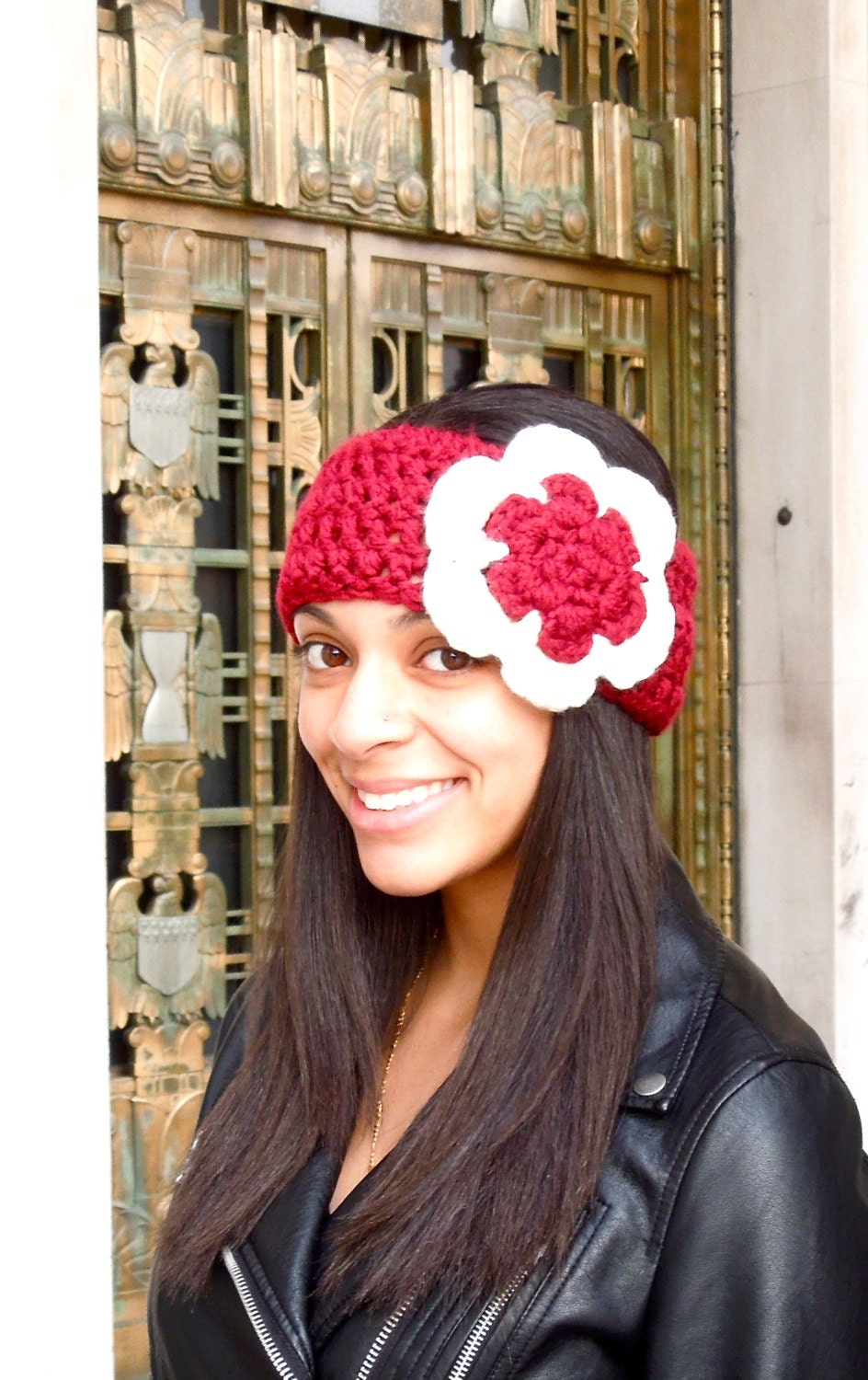 Custom Made handmade Crochet Ear Warmer Headband Set 2 OS Red Cream Flower boho 1736181848400.JPG main image 2