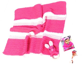 Crochet Baby Blanket, Baby Girl Blanket Set, Crochet Baby Rattle, Hot Pink, Pink, White, Girl Baby Shower Gift