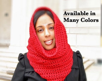 Crochet Neckwarmer, Cowl, Hooded Scarf, Red, Circle Scarf, Women, Teen, Men, Oversized,