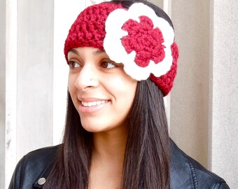 Custom Made handmade Crochet Ear Warmer Headband Set 2 OS Red Cream Flower boho Crochet Red Headband With White Flower, Ear Warmer - Etsy main image 2
