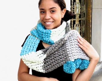 Crochet Scarf, Pom Pom Scarf, Long Scarf, Crochet Ribbed Scarf, Women, Adult , Teen, Neck warmer,,